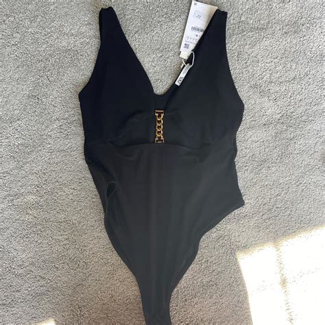 Zara Black Cut Out Bodysuit With Gold Detailing Depop