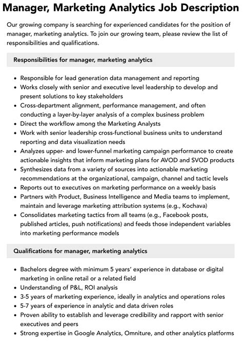 Manager Marketing Analytics Job Description Velvet Jobs