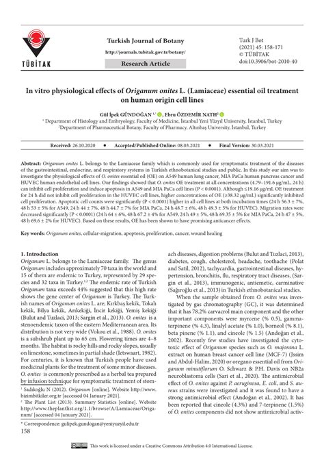 Pdf In Vitro Physiological Effects Of Origanum Onites L Lamiaceae