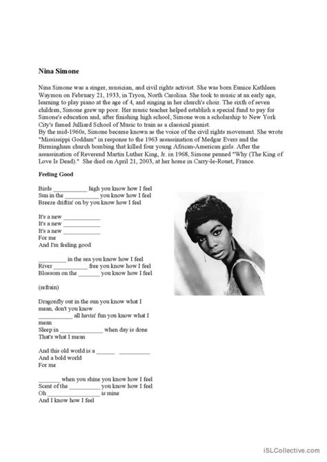 Feeling Good By Nina Simone Song G English ESL Worksheets Pdf Doc