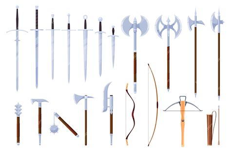 Premium Vector | Medieval melee weapons for attack and defense Forged metal swords axes ranged ...