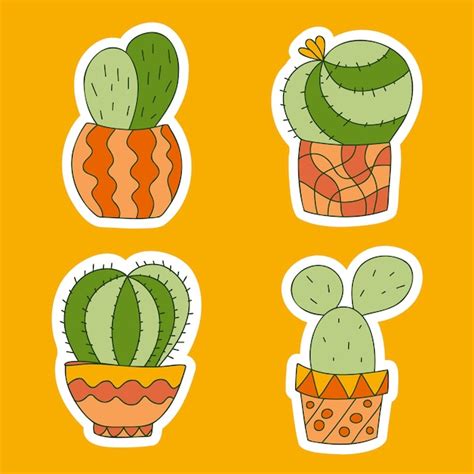 Premium Vector Cute Cactus In Pots Stickers Color Doodle Hand Drawn