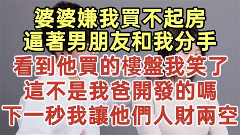 婆婆嫌我買不起房！逼著男朋友和我分手！看到他買的樓盤我笑了！這不是我爸開發的嗎？下一秒我讓他們人財兩空！落日溫情中老年幸福人生美麗人生