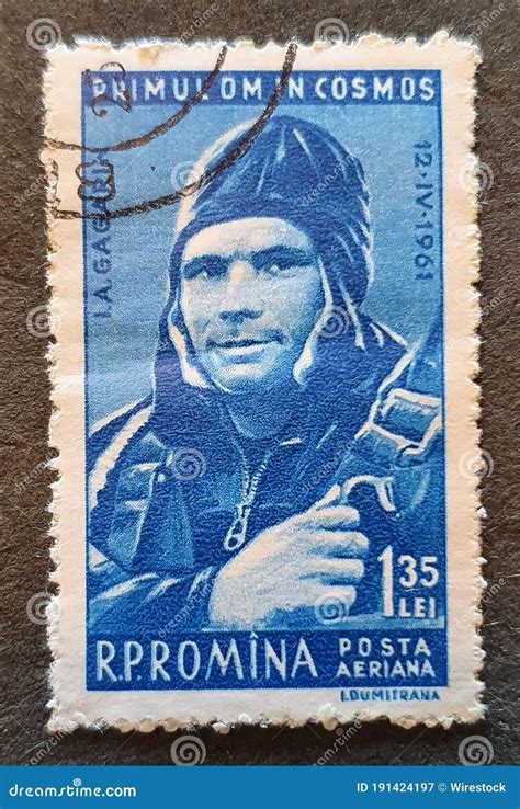 A Postage Stamp From Romania In 1961 Shows Yuri Gagarin In Capsules