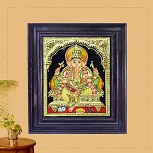 Tarang Arts Lord GANESHA Tanjore Painting With Chettinad Wood Frame 2D