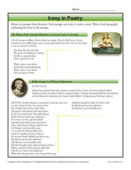 Irony In Poetry Figurative Language Worksheets