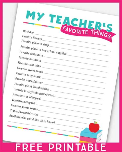 3 Teacher Favorite Things Printable Questionnaires For Teacher Ts