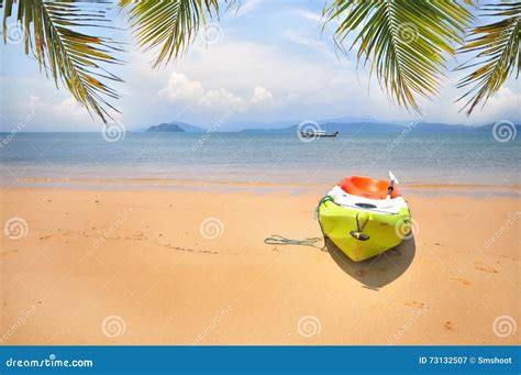 Barco Del Kajak Con Las Hojas De Palma Del Coco En Fondo Tropical De La