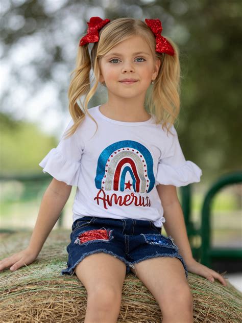 Girls 4th Of July Sets America Rainbow Top And Denim Shorts Set Mia Belle Girls