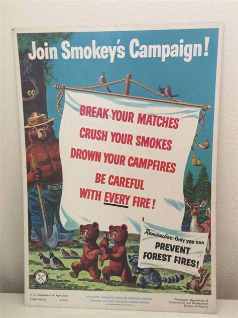 Vintage Smokey The Bear Poster Fire Prevention 1955 Advertising Forest Campaign Deer