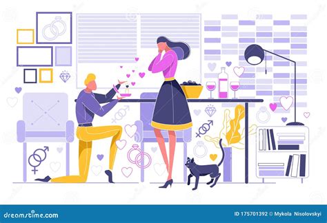 Kneel Man Giving Woman Box Diamond Ring Proposal Vector Illustration