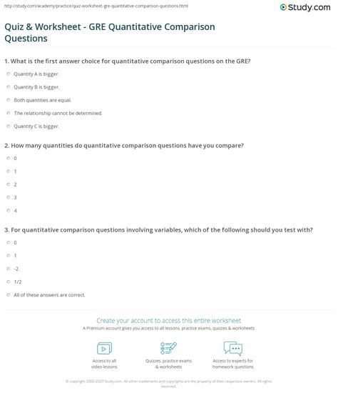 Quiz Worksheet Gre Quantitative Comparison Questions Study