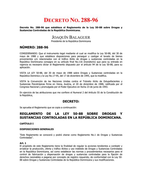 Decreto No 288 96 Reglamenta Ley No 50 88