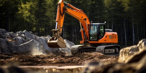 Premium Photo Orange Excavator Digging The Ground Generative Ai