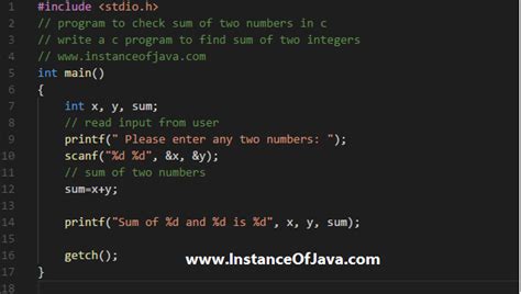 C Program To Find Sum Of Two Numbers Instanceofjava