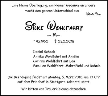 Traueranzeigen Von Silke Wohlfahrt Stuttgart Gedenkt De