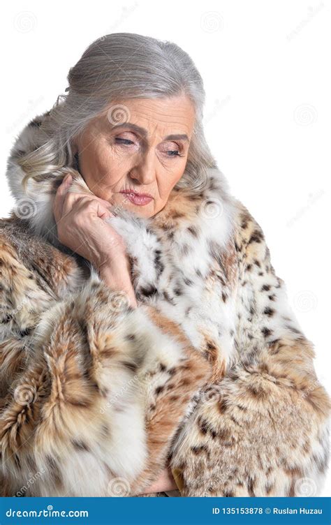 Portrait Of Beautiful Senior Woman In Fur Coat Stock Photo Image Of