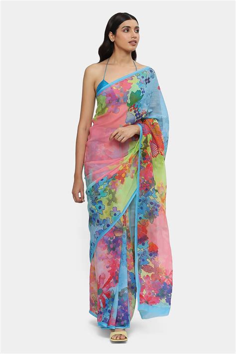 Buy Blue Chiffon Printed Flora Miss Muse Saree With Running Blouse For