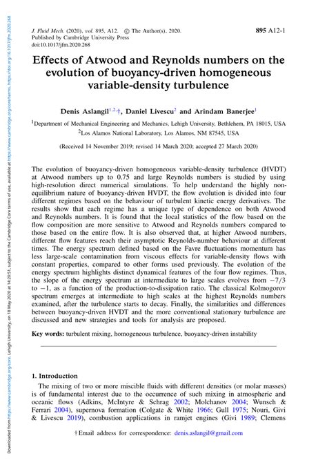 PDF Effects Of Atwood And Reynolds Numbers On The Evolution Of