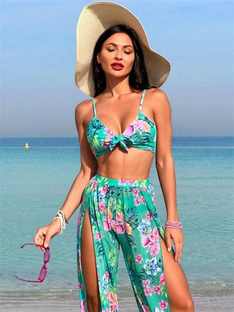 Tropical Print Bikini Swimsuit With Cover Up Pants SHEIN USA