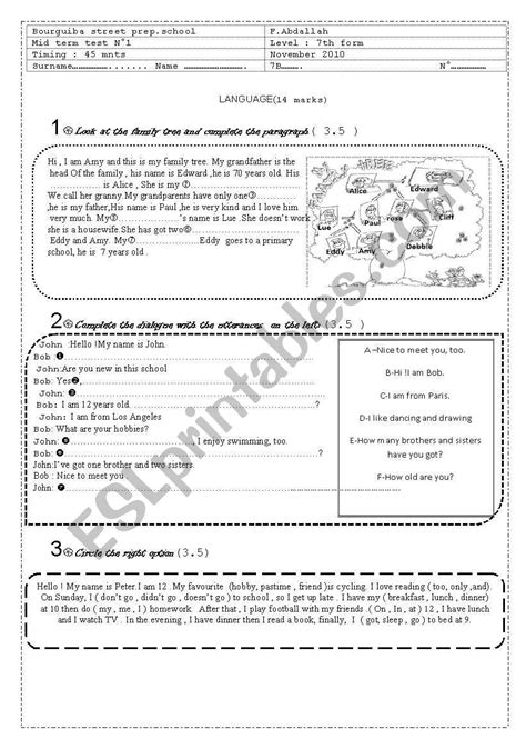 Mid Term Test 1 7 Th Form ESL Worksheet By Fotfot