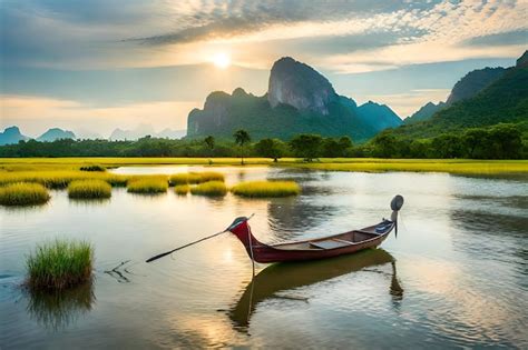 Premium Ai Image A Canoe Is On The Water With A Mountain In The