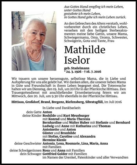 Todesanzeigen Von Mathilde Iselor Todesanzeigen Vorarlberger Nachrichten