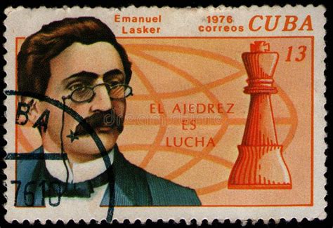 Cuba Circa 1976 Stamp Shows Portrait Of Emanuel Lasker And Chess