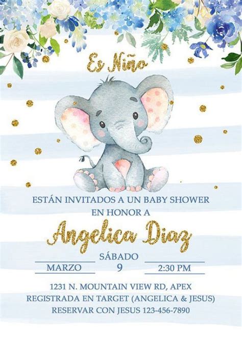 An Elephant Baby Shower Is Shown With Blue Flowers