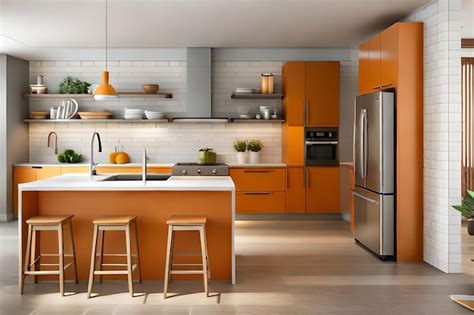 Premium AI Image A Kitchen With Orange Cabinets And A Silver