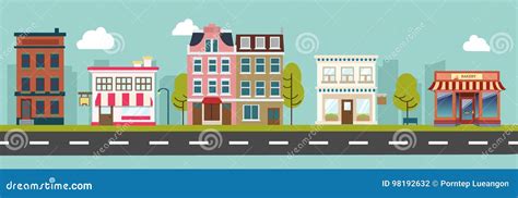 City Main Street And Store Buildings Vector Stock Vector Illustration