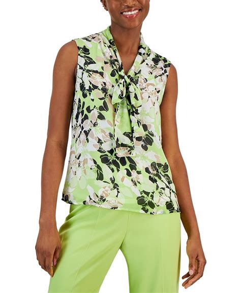 Anne Klein Womens Printed Sleeveless Tie Neck Top Macys