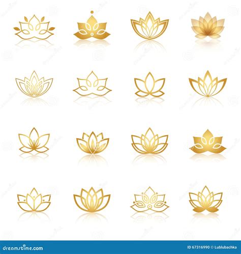 Golden Lotus Symbol Icons Vector Floral Labels For Wellness Ind Stock