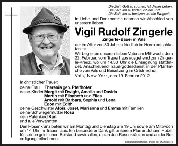 Traueranzeigen Von Vigil Rudolf Zingerle Trauer Bz