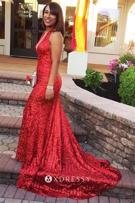 Red Sequin Halter V Neck Long Train Prom Dress Xdressy