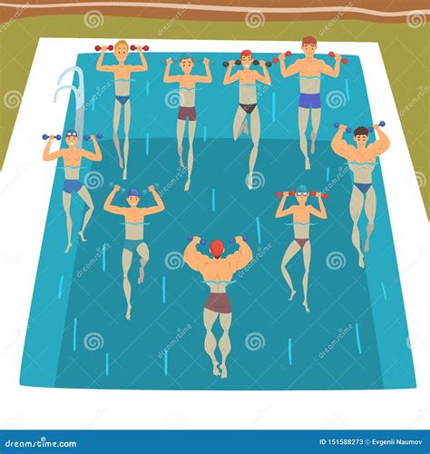 Men Making Aqua Gym Exercises With Dumbbells In Swimming Pool People