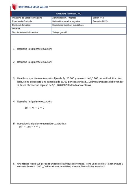 Trabajo Grupal S2 Ejercicios Para Desarrollar MATERIAL INFORMATIVO