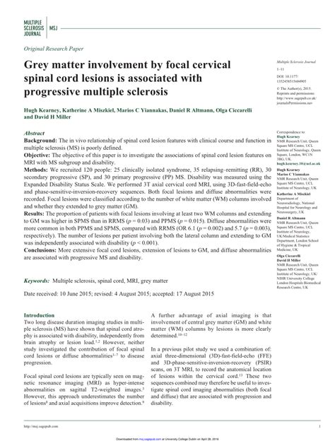 Pdf Grey Matter Involvement By Focal Cervical Spinal Cord Lesions Is