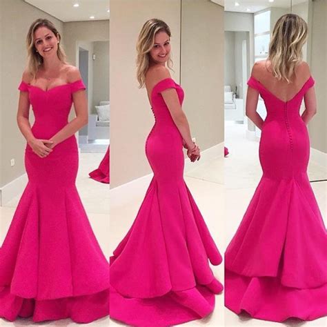 Off Shoulder Hot Pink Soft Satin Long Mermaid Elegant Formal Prom