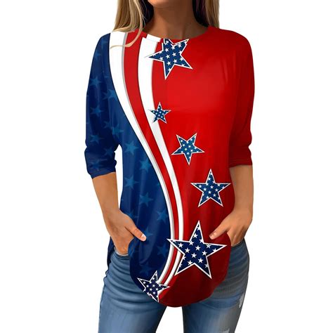 Julmcomo 4th Of July 34 Sleeve T Shirts For Women American Flag Patriotic Shirt Casual Usa Flag