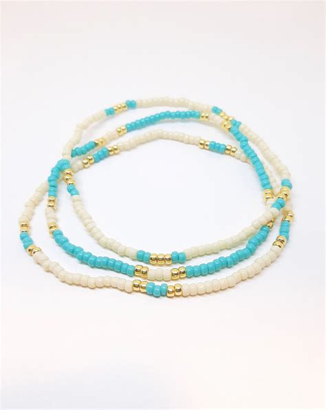 Turquoise Gold And Cream Seed Bead Elastic Stackable Anklet Etsy