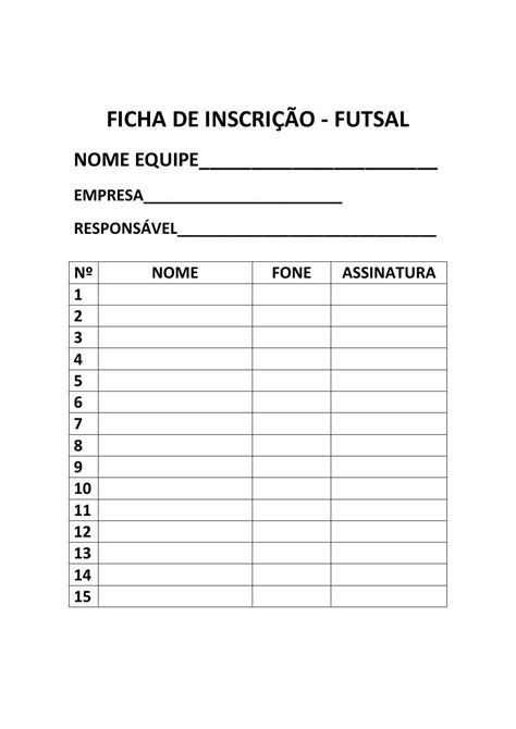 Ficha inscrição futsal Fichas Planos