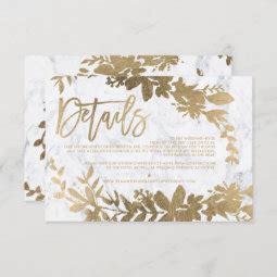 Gold Script Floral White Marble Wedding Direction Enclosure Card Zazzle