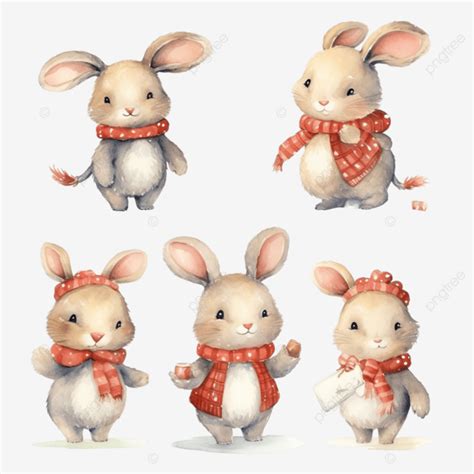 Watercolor Illustration Set Of Christmas Rabbit Character Watercolor