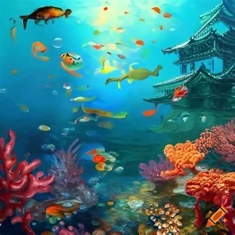 Kyoto Castle As Underwater Castle With Fishes Corals Turtles Crabs