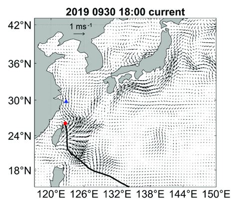 The sea surface current field at 18:00 on 30 September. (The vectors... | Download Scientific ...