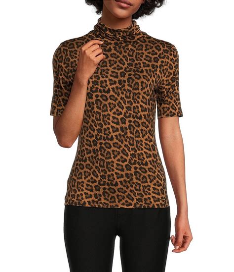 Michael Michael Kors Leopard Print Knit Jersey Short Sleeve Turtleneck