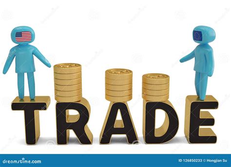 Two Figure People On Trade Word And Gold Coin Stacks 3d Illustration