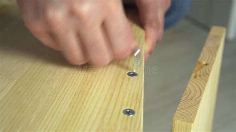 Close Up Hands Assembling Wooden Furniture Man Putting Together Planks