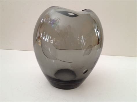 Rosenthal Signed Blown Glass Gray Glass Vase With Etched Etsy